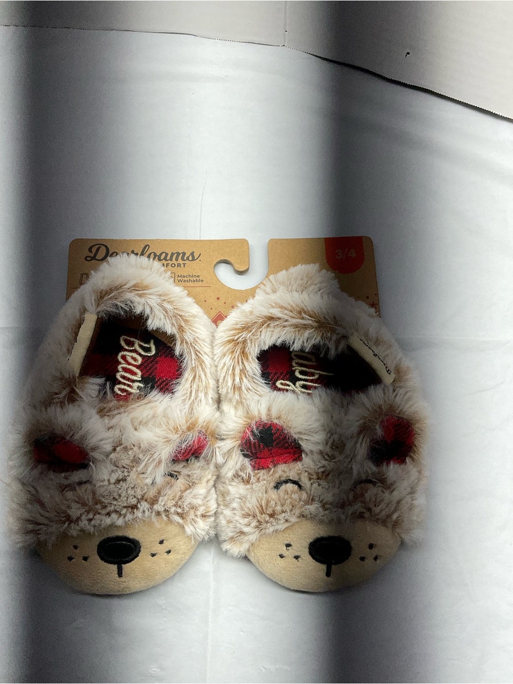 dearfoams Kids Cream Bear Slippers with Red Plaid Accents